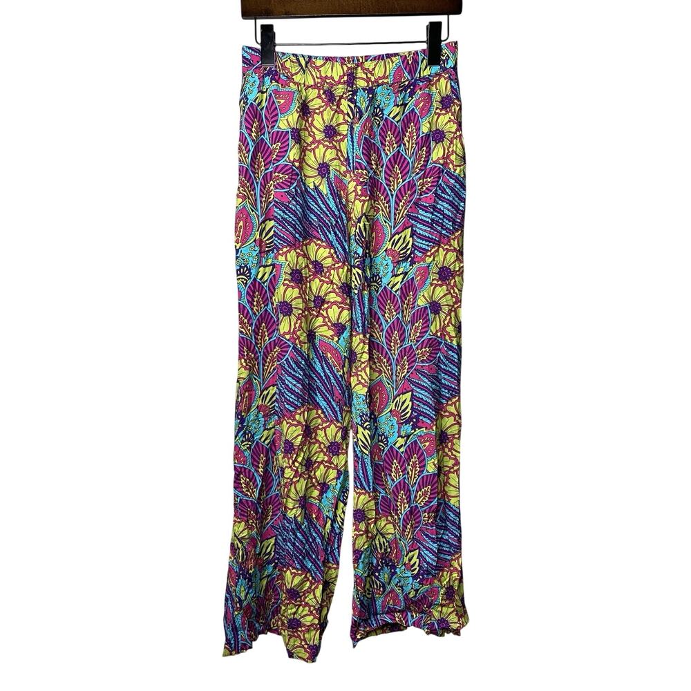 D'iyanu Women's Small Wide Leg Bright Floral Pants Pull On Art to Wear Lagenlook